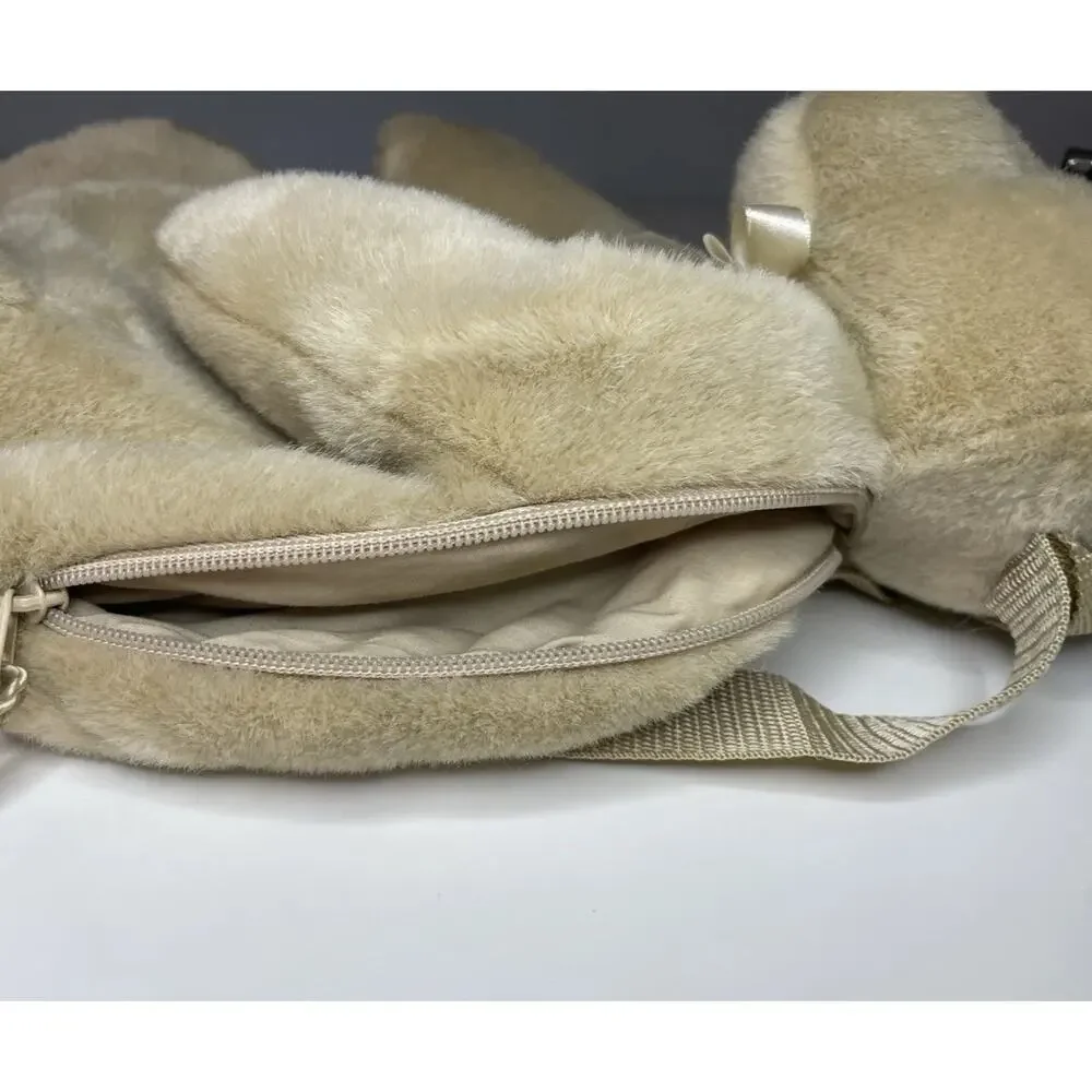 Vintage Mango Teddy Bear Backpack Plush 17” Brown Tan Beige Bow Stuffed Bag
